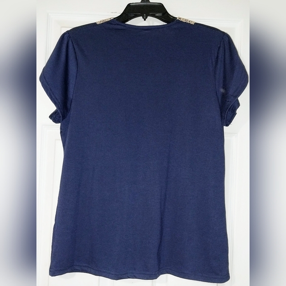 Navy Blue V-Neck Embelished with Crocheted Gold Accent Size Large EUC - Picture 2 of 7